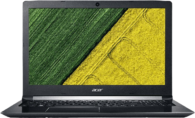An Acer Aspire 5, the laptop, with a green and yellow geometric background on the screen, showcasing the device's large display and slim design.