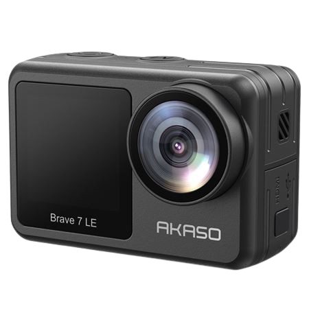 The AKASO Brave 7 LE action camera showcases a robust design with a wide-angle lens and a sleek black finish, perfect for capturing all your high-action moments without breaking the bank.