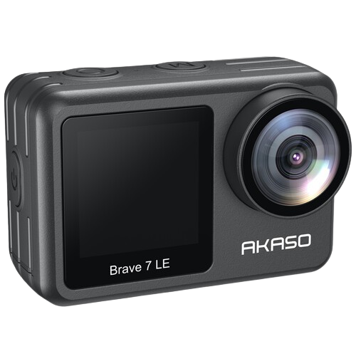 Side view of the AKASO Brave 7 LE action camera displaying its compact size and button layout, ideal for on-the-go filming at a price that's easy on the wallet.