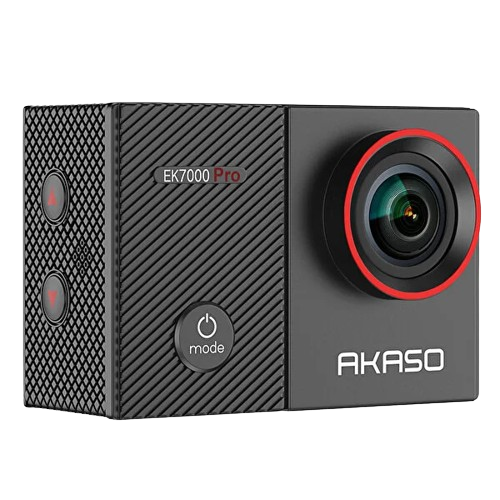 Front view of the AKASO EK7000 Pro action camera with its signature black and red accents, offering high-quality recording capabilities at an accessible price point.