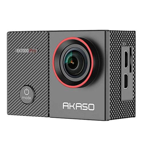 The AKASO EK7000 Pro action camera from a different angle, highlighting the textured design and user-friendly interface, all within a budget-conscious package.