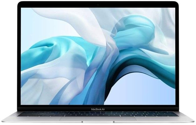 The laptop: Apple MacBook Air, with a blue and white abstract wallpaper, illustrating the laptop's thin design and Retina display.