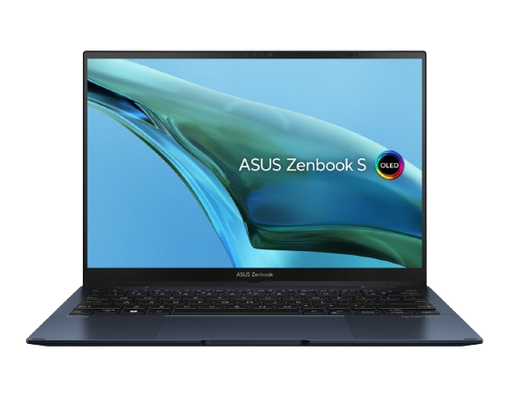 The ASUS Zenbook S 13 OLED laptop, featuring a blue-green dynamic wallpaper on its screen, highlights its thin bezels and compact build.