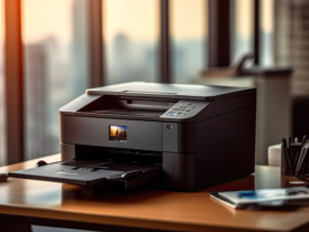 A picture shows that, the best fax machine on the office desk.