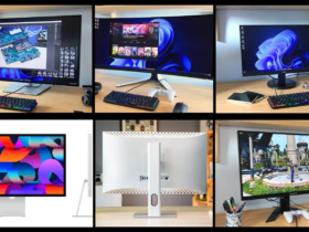 Six different photos in a single shot, to show best monitors for Mac mini.