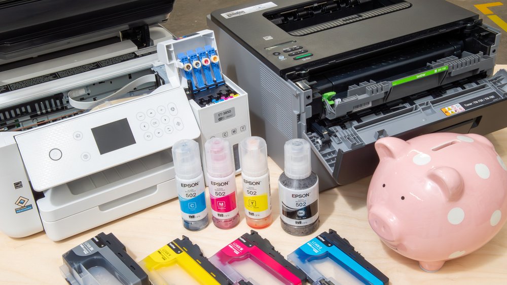 A workbench showcasing various printers and ink supplies, with an emphasis on finding the best printer for students who aim to manage their printing needs economically.