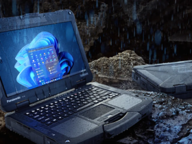 Panasonic Toughbook CF-33 shown in a wet and rugged environment, highlighting its water resistance and durability for extreme conditions.