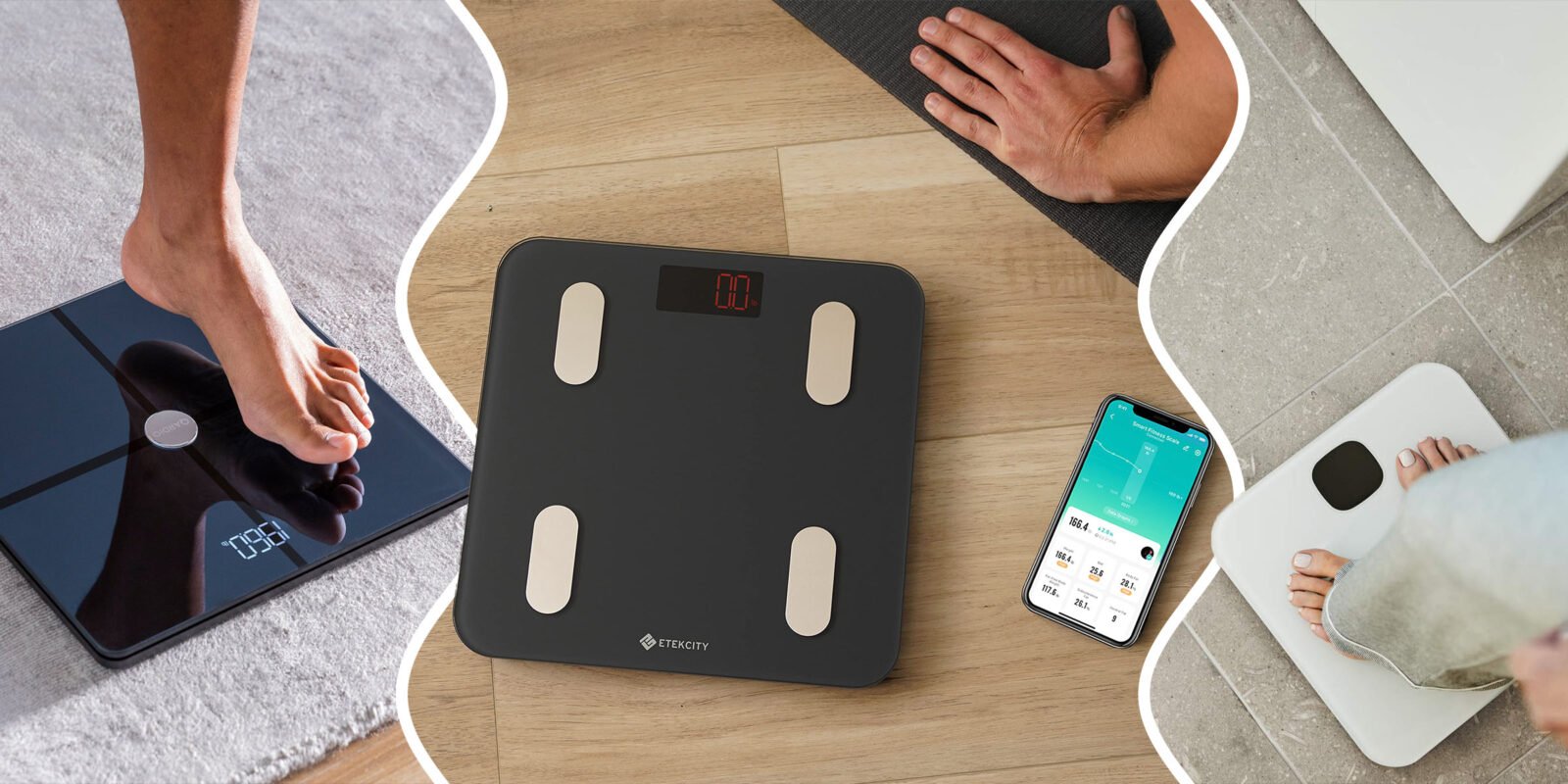 This collage showcases the best smart scales, including the Eufy Smart Scale and the Etekcity Digital Scale, illustrating their ease of use and the smart features that help maintain a healthy lifestyle.
