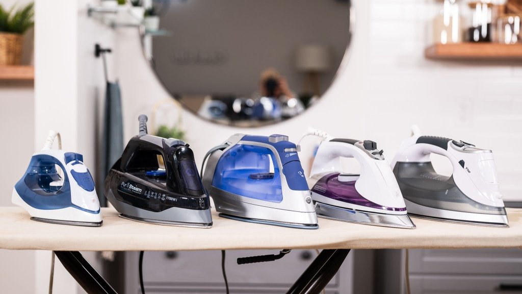 This image displays a selection of the best steam irons, showcasing various models from leading brands, highlighting their unique features and capabilities for effective crease removal.
