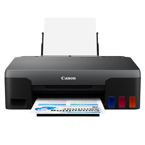 A Canon PIXMA G1220 in action, printing a colorful document; this model is considered one of the best printers for students due to its refillable ink system and crisp output.