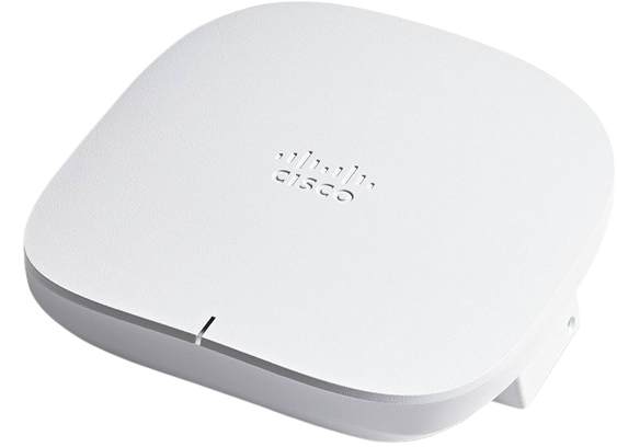 A Cisco CBW150AX Access Point with a slim, rounded-edge design and a discreet Cisco logo, offering a modern approach to wireless network distribution.