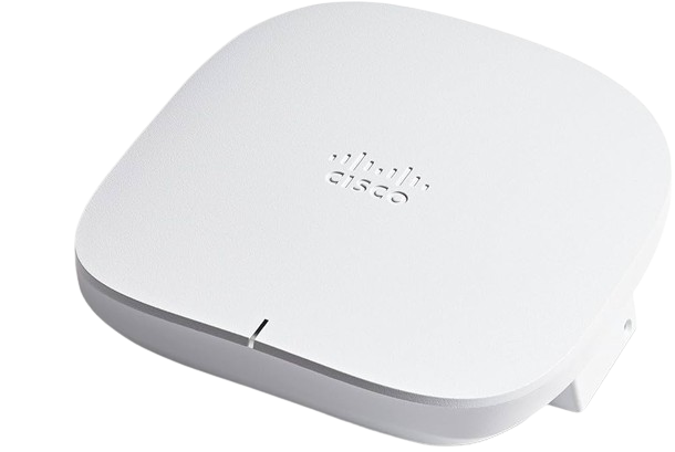 A Cisco CBW150AX Access Point with a slim, rounded-edge design and a discreet Cisco logo, offering a modern approach to wireless network distribution.
