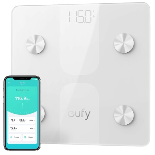 The Eufy C1 Smart Scale combines a minimalist white design with advanced technology to deliver comprehensive body composition metrics straight to your smartphone.