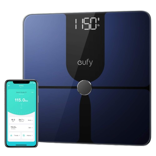 Experience seamless health tracking with the Eufy Smart Scale C1, featuring a sleek dark blue glass top and easy-to-read display.