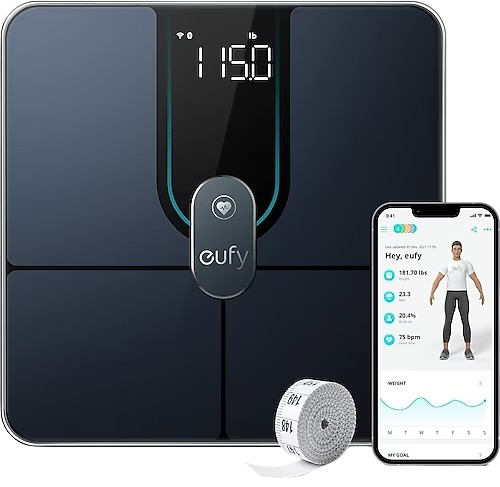 With the Eufy Smart Scale P2 Pro, track your fitness progress with high accuracy on a modern black glass platform that syncs data to your device.