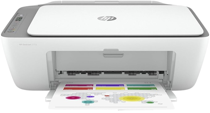 The HP DeskJet 2755, shown while printing a colorful chart, is an ideal all-in-one printer for students, providing easy printing, scanning, and copying.