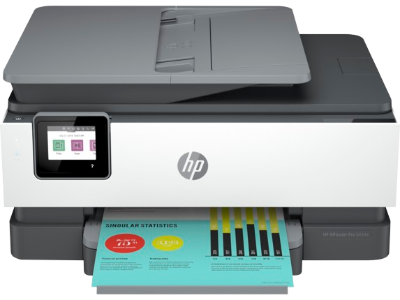 The HP OfficeJet Pro 8034e, printing a colorful report, showcases its versatility and connectivity, making it a top choice for students in need of a comprehensive printing solution.