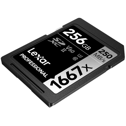 The Lexar Professional 1667x SDXC UHS-II SD Card is designed for speed and capacity, ideal for high-resolution video recording.