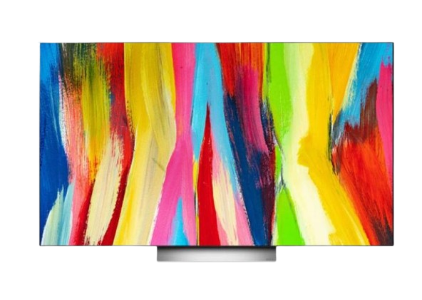 LG C2 OLED TV showcases a colorful artistic splash on its display, highlighting its capability to render vibrant visuals, perfect for sports fans seeking the best TV for a lifelike stadium feel.