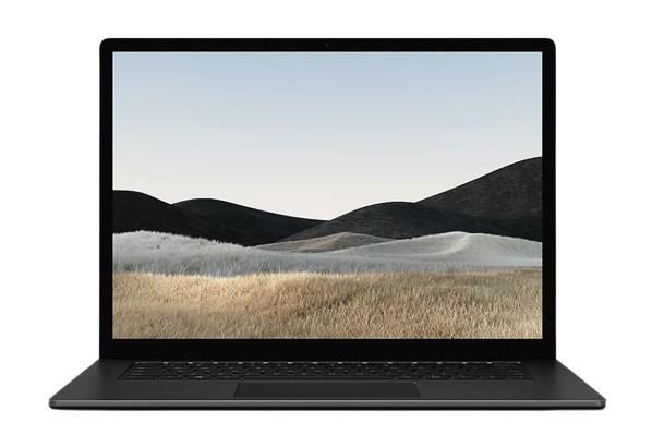 Microsoft Surface Laptop 4 with a serene hillside wallpaper, accentuating its sleek profile and large touch-screen interface