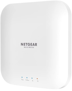 NETGEAR WAX214 WiFi 6 PoE+ Access Point, presenting a white square shape with simple status LEDs, designed for easy ceiling or wall mounting to enhance network coverage.