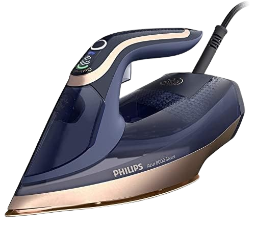 The Philips Azur 8000 steam iron pairs a striking navy and copper design with an advanced steam system, providing exceptional crease removal.