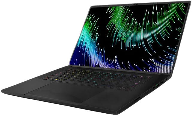 Razer Blade 16 laptop with a vibrant green logo on the back, ideal for animation and graphic design.