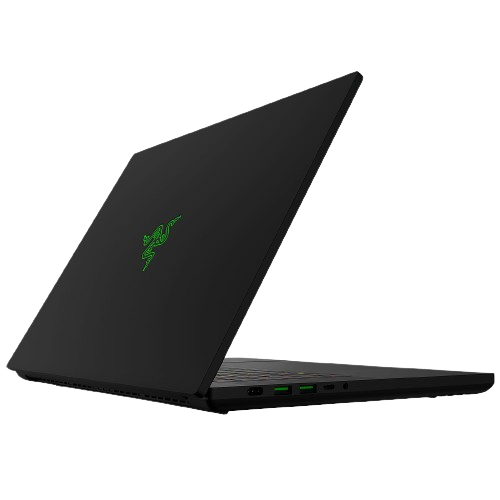 Side view of the Razer Blade 16 laptop, showcasing its thin profile and ports, great for animation workstations.