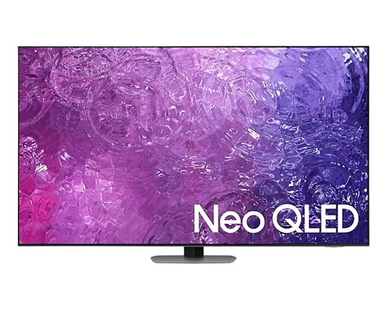 The Samsung QN90C Neo QLED TV's display swirls in purple, showcasing its advanced technology that makes it an excellent choice as the TV with deep contrasts and high clarity.