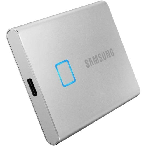 The Samsung T7 Touch Portable SSD in silver exudes a modern appeal, with a sleek finish and advanced security features, ranking it highly among the best external hard drives for PS5 users with a taste for design and function.