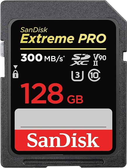 The SD card for 4K video, the SanDisk Extreme PRO SDXC UHS-II V90 SD Card, boasts a vast 128 GB storage capacity.