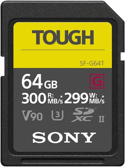 The Sony SF-G Series Tough UHS-II 64GB SD card is acclaimed as one of the SD cards for its exceptional toughness and fast read/write speeds.