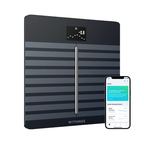 The Withings Body Cardio Smart Scale provides advanced cardiovascular health metrics with a sleek black and grey striped design.