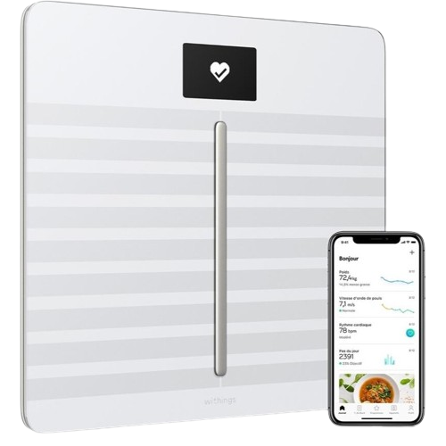 Monitor your wellness with the Withings Body Cardio, offering detailed body composition and heart rate measurements on a crisp white and grey scale.