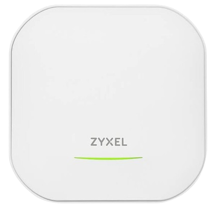 The Zyxel NWA220AX-6E access point, showcasing a clean white square design with the Zyxel logo and a subtle green status light, represents modern wireless networking technology.