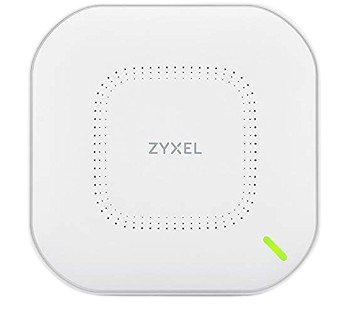 A Zyxel WAX610D access point, characterized by its white square design with a dotted pattern and a bright green indicator light on the corner, designed for efficient wireless network performance.