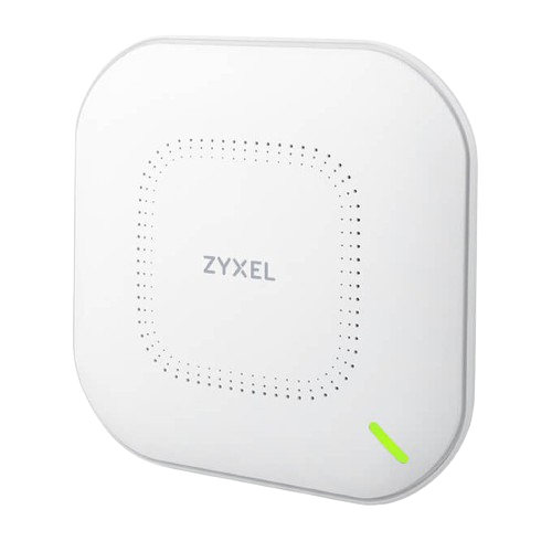 The Zyxel WAX630S WiFi 6 Access Point, featuring a square white design with a central pattern and green status indicator, reflects advanced networking technology for high-speed internet.