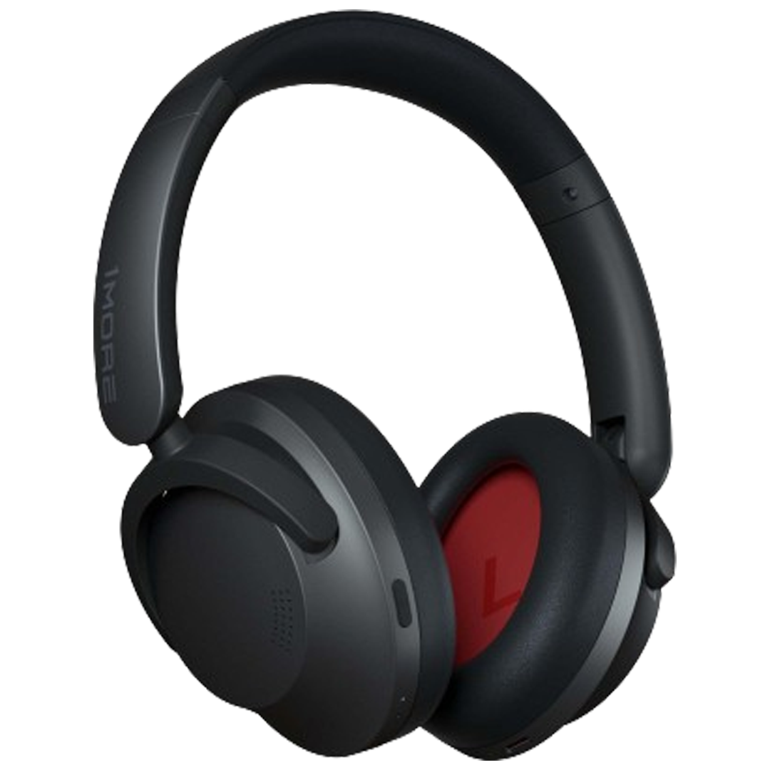 1MORE Sonoflow noise cancelling headphones with a sleek black design and red earpad accents, offering superior sound isolation.