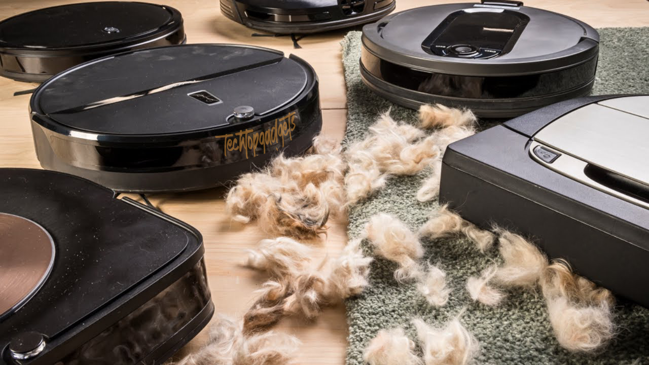 A dynamic scene showcasing the best robot vacuum for pet hair, surrounded by piles of pet fur on a carpeted floor, illustrating the vacuum's superior cleaning capability for homes with pets.
