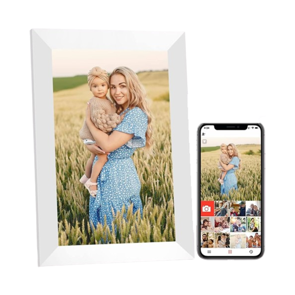 The Aeezo Portrait 01 digital photo frame for grandparents showcases a mother and child in a loving embrace amidst a wheat field.