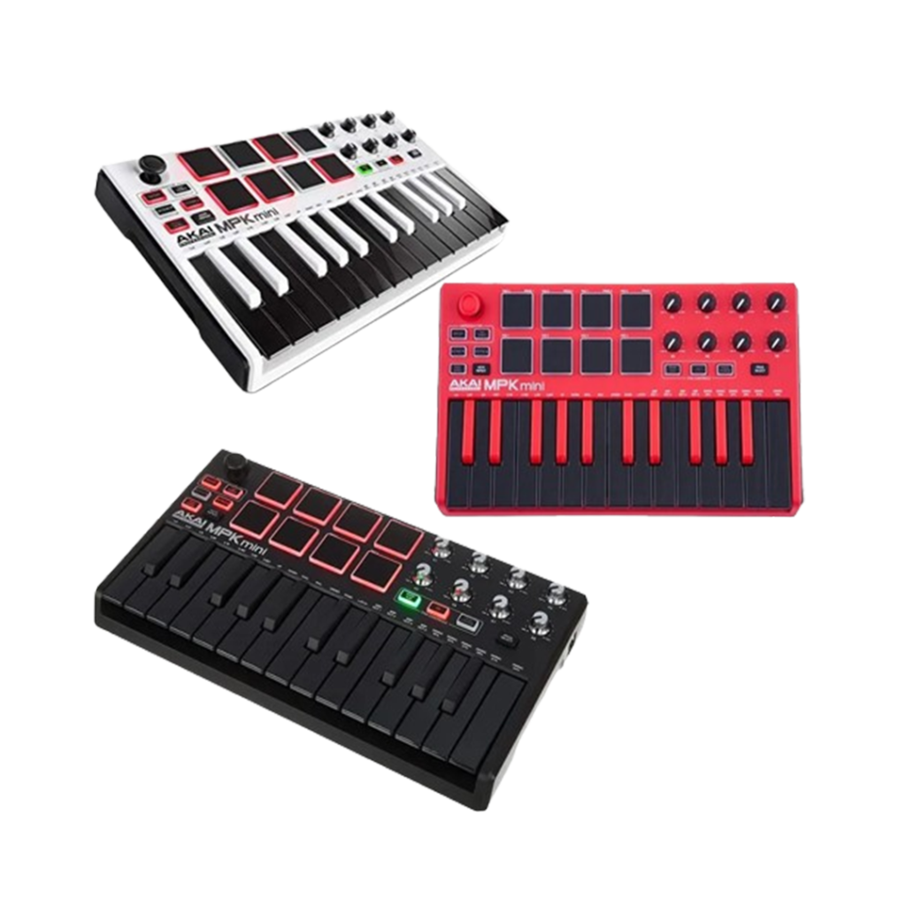 Top view of the Akai MPK Mini MK3 MIDI Controller featuring velocity-sensitive keys, drum pads, and assignable knobs, ideal for portable music creation.