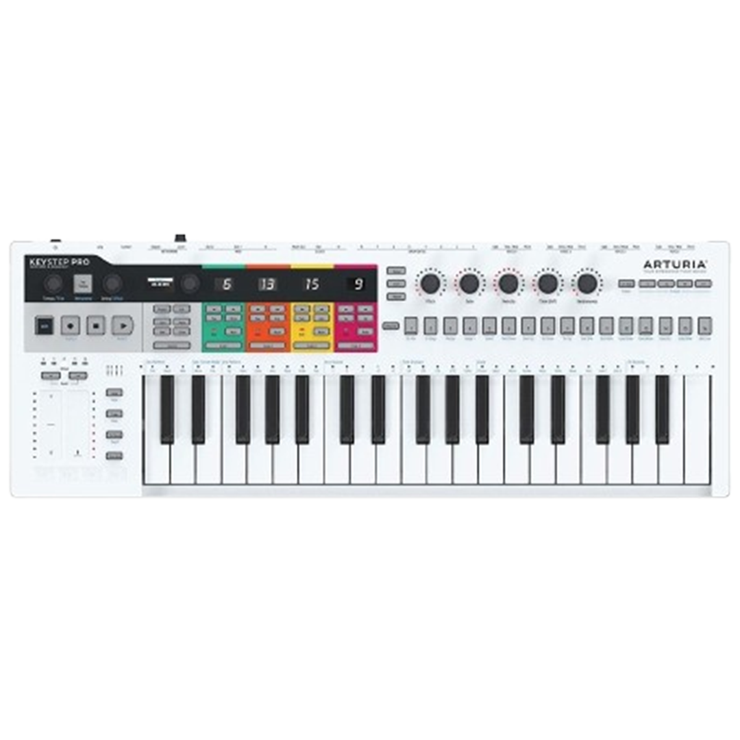 Arturia KeyStep Pro, a MIDI keyboard offering a 37-key controller with an advanced sequencer, multiple outputs, and performance pads for professional musicians.