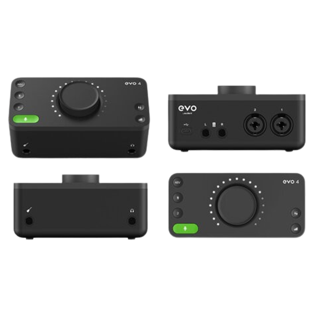 A top view of the Audient EVO 4, showcasing its sleek top panel and simple layout, ranking it among the audio interfaces for easy access and control.
