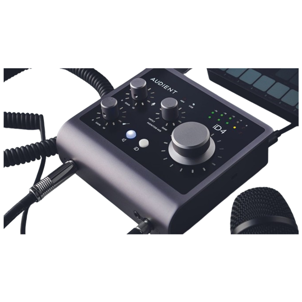 Displaying the Audient iD4 MKII interface, this image captures the detailed design that makes it one of the audio interfaces for home studio environments.