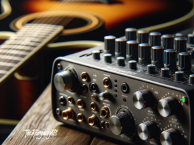 A professional-grade audio interface is pictured in a studio environment, highlighting the intricate design and connectivity that qualify it as one of the best audio interfaces available.