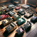 A collection of top bass multi-effects pedals artistically arranged, highlighting the variety and quality options available for bassists seeking the best in effects processing.