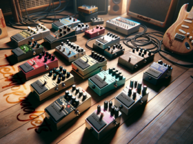 A collection of top bass multi-effects pedals artistically arranged, highlighting the variety and quality options available for bassists seeking the best in effects processing.