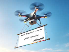 A creative advertisement showcasing a drone carrying a sign that reads "Best Beginner Drone with Camera," promoting the perfect start for drone enthusiasts.