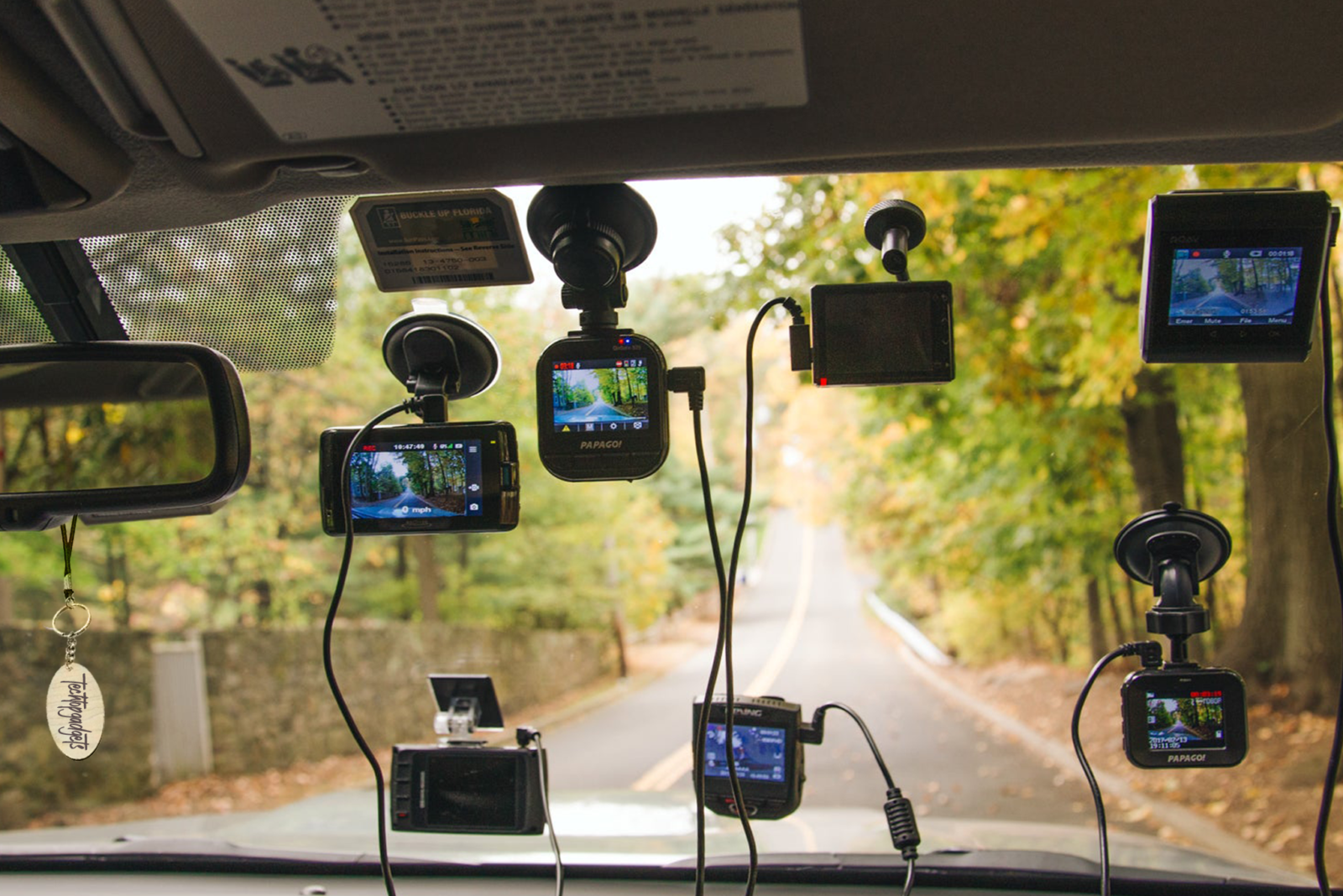 A diverse selection of the best dash cams mounted on a car windshield, providing a multi-angle view of the road ahead for enhanced driving safety.