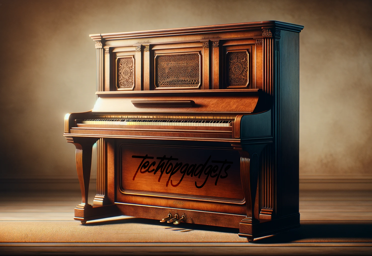This artistic rendition of a vintage piano with "Techtopgadgets" branding merges the worlds of music and art, embodying the essence of the best digital pianos in a timeless form.